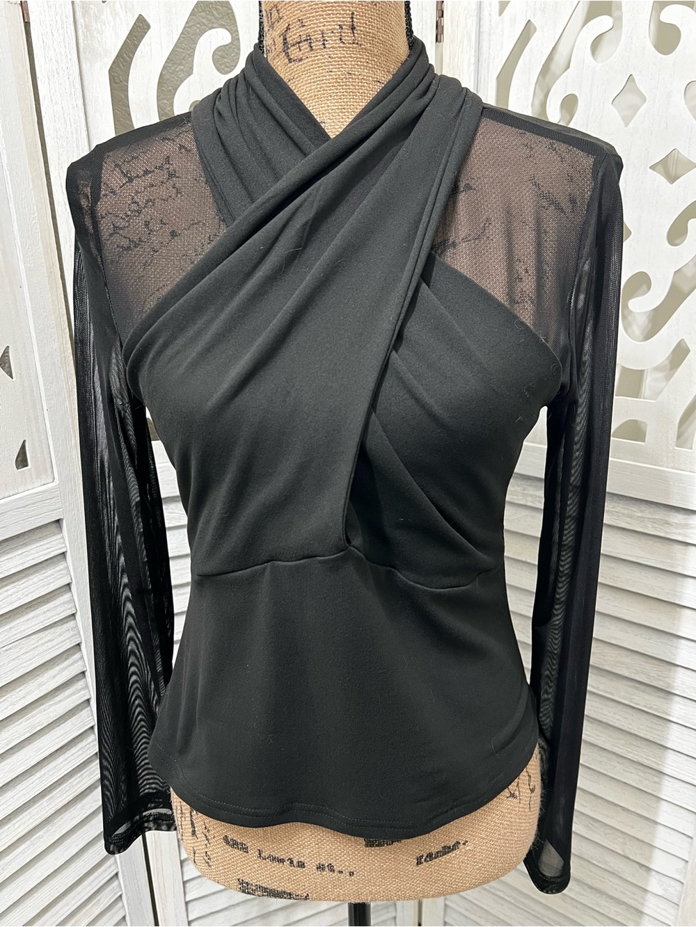 Sheer Long Sleeve Shirt with Halter Wrap Detail